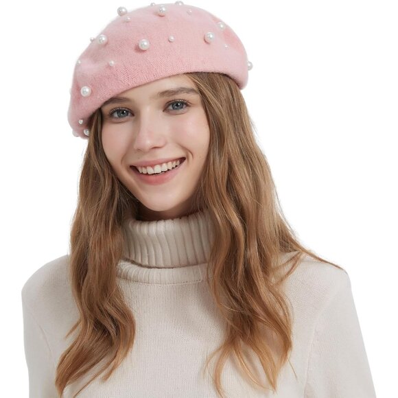 Women Pearl Beret Soft Wool Beanie Elegant French Artist Style Cap - Picture 3 of 7